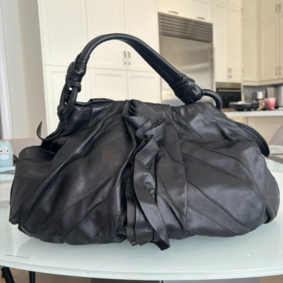 Prada Black Leather Ruffles Large Hobo Bag BR3984 - Picture 1 of 10